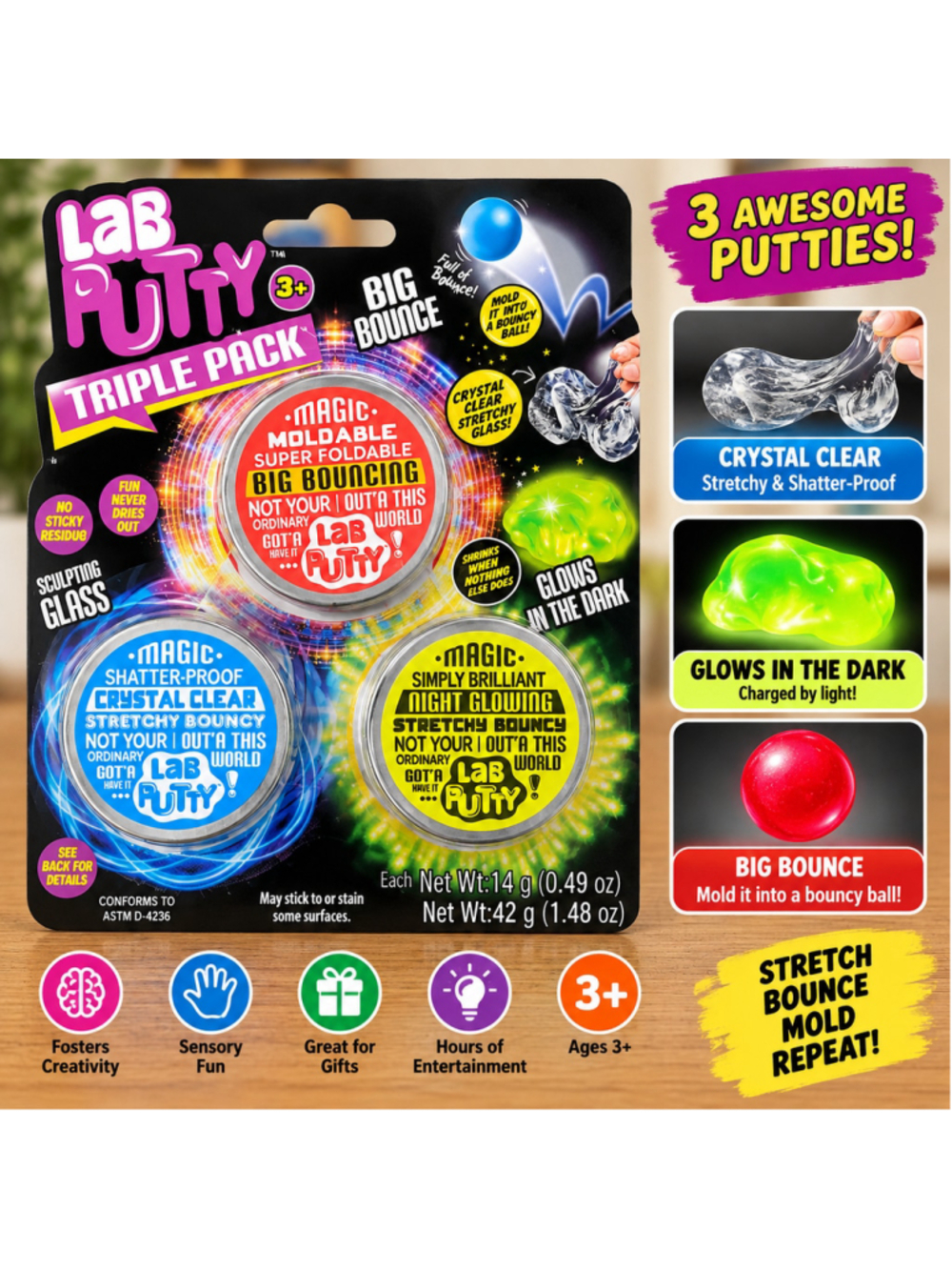 Lab Putty Triple Pack Big Bounce Crystal Clear Glow in the Dark Sensory Putty